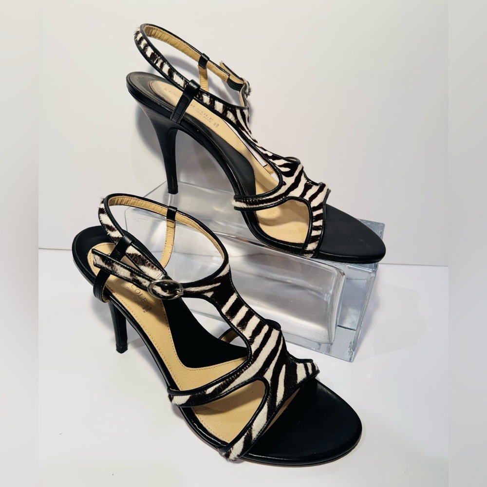 Kenneth Cole Black/White Zebra-Print 4” Calf Fur Slingback Heels Size 9.5 US